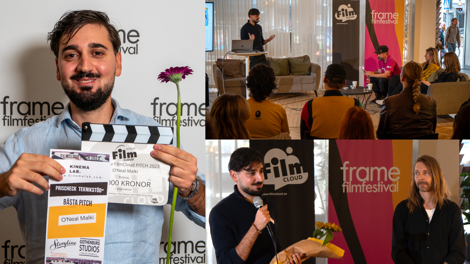 Glad ung man med diplom. Ung man presenterar inför jury och publik.