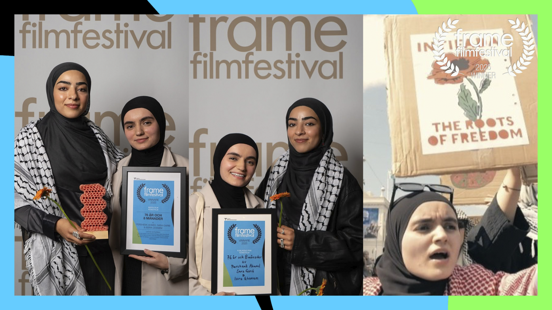 Kvinnor med palestinasjal och diplom. Från filmen: Kvinna på demonstration.