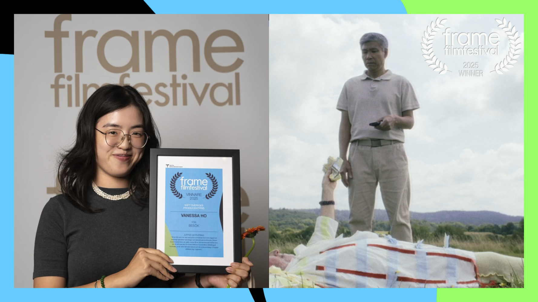 Porträtt med diplom. Bild ur film: Man med liggande man framför sig på en äng.