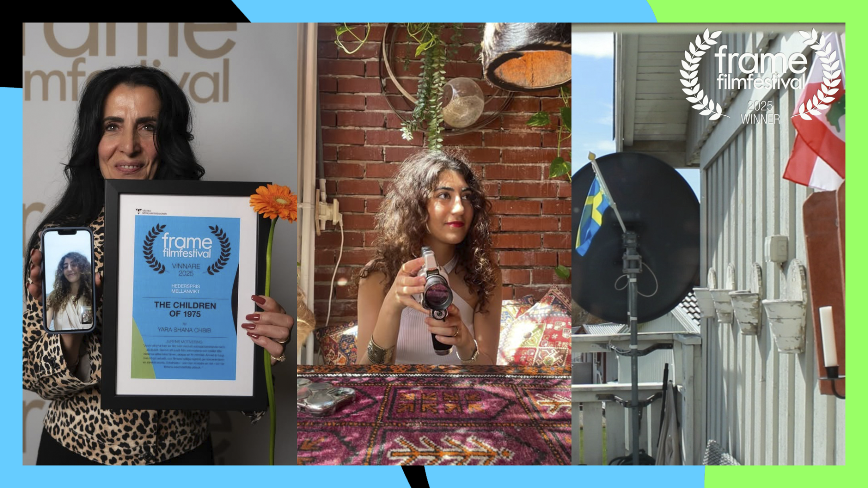 Porträtt med diplom. Porträtt med filmkamera. Bild ur film