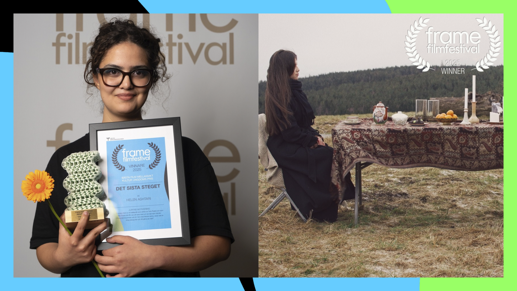 porträtt med diplom och Kvinna vi bord utomhus