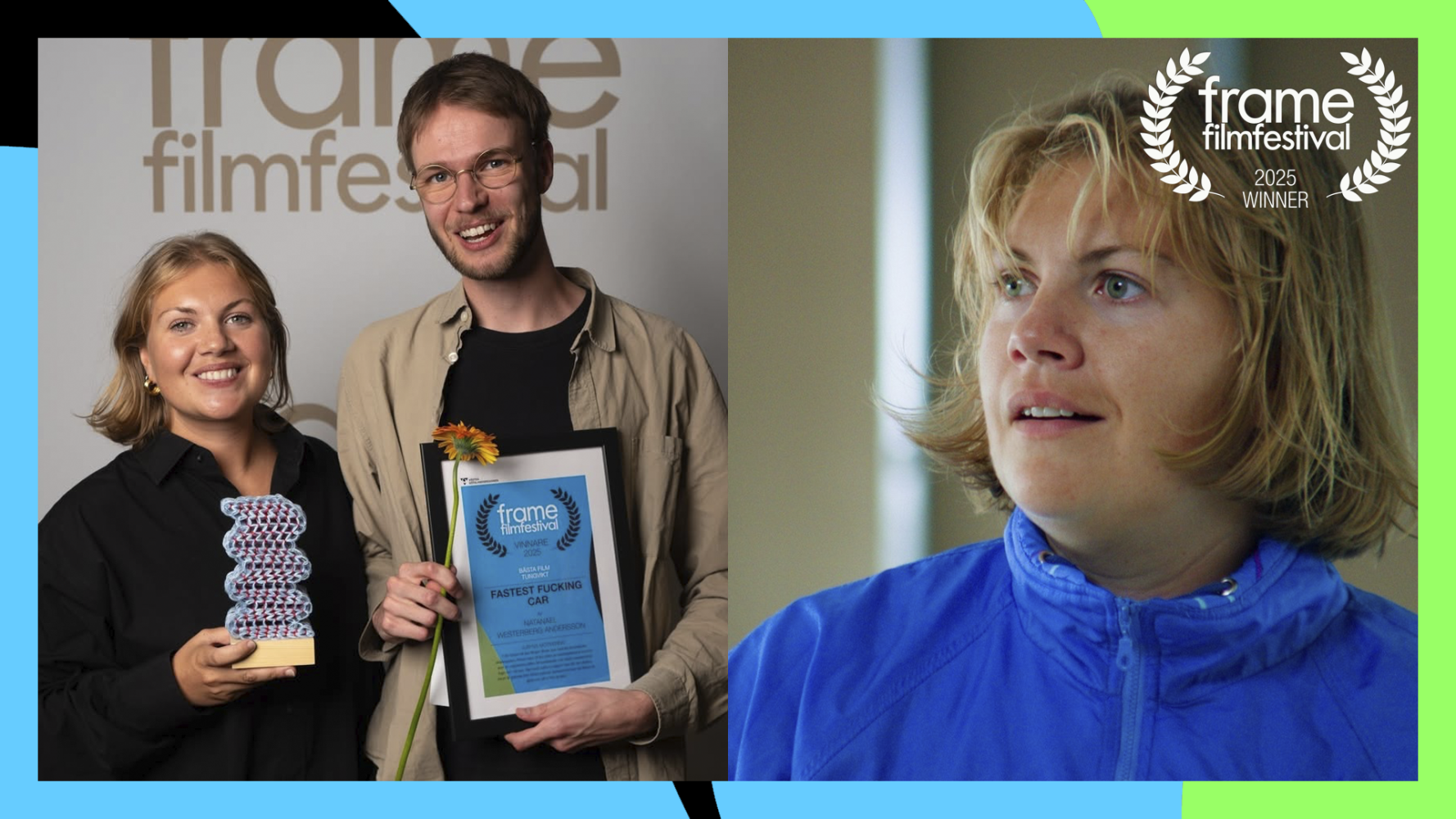 Porträtt med diplom och kvinna i träningsoverall