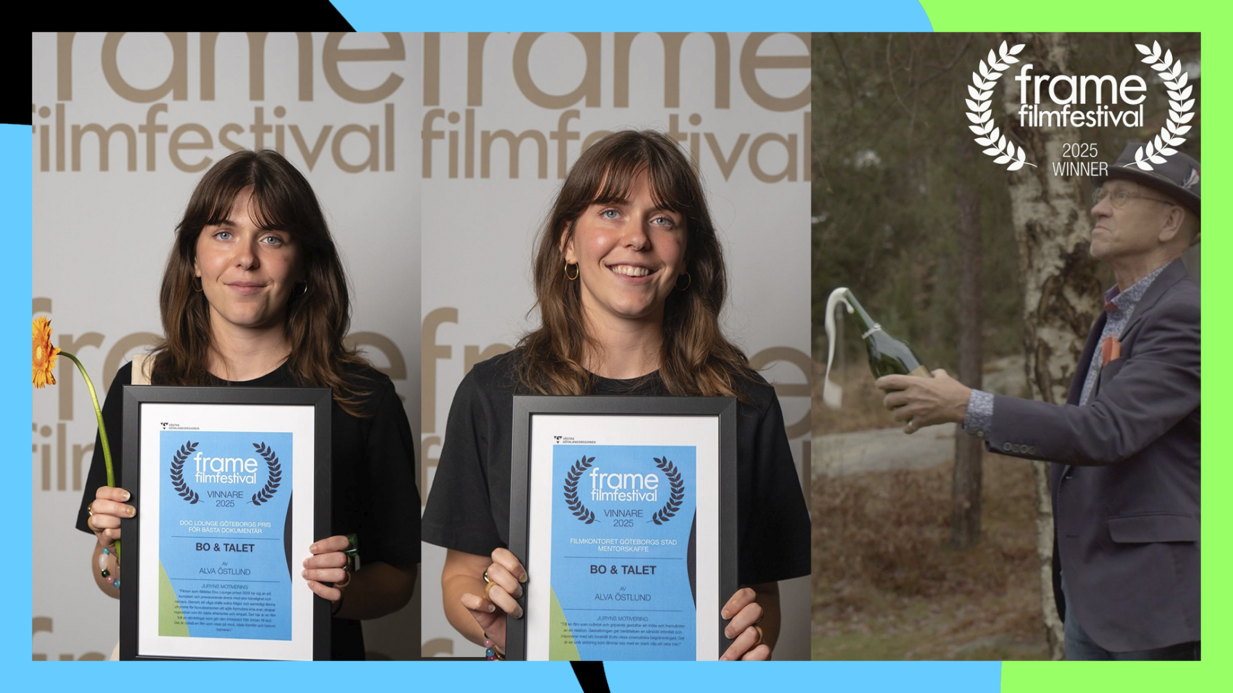 Kvinna med diplom och man som öppnar champagneflaska