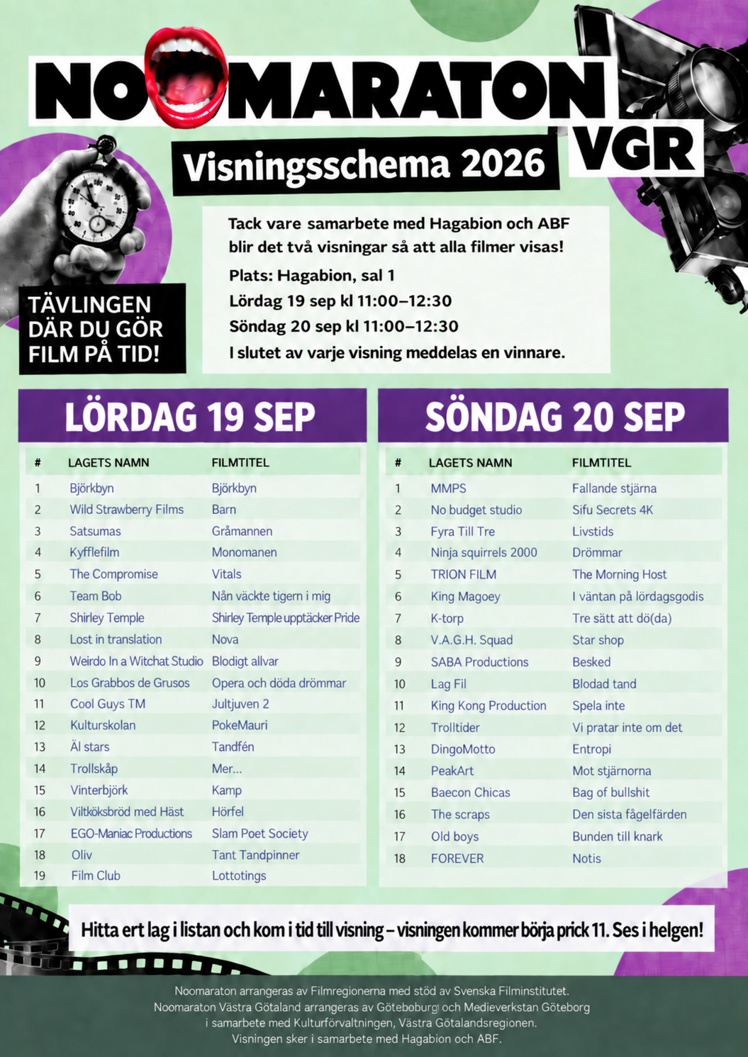 lista på vilka filmer som visas vilken dag.