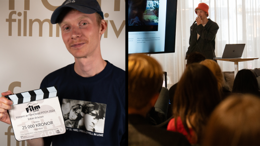 Man med diplom och man presenterar för publik