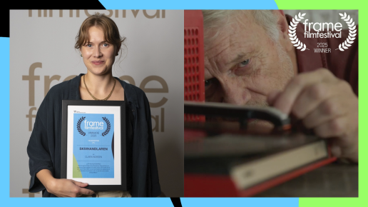 Kvinna med diplom. Man lägger pickup på skivspelare.