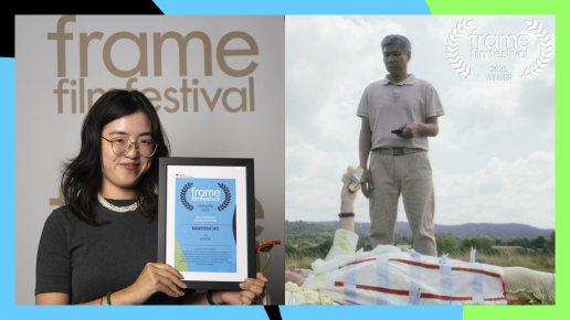 Porträtt med diplom. Bild ur film: Man med liggande man framför sig på en äng.