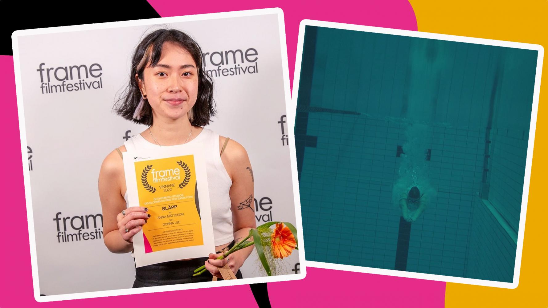 Kvinna med diplom och kvinna simmar under vatten i bassäng