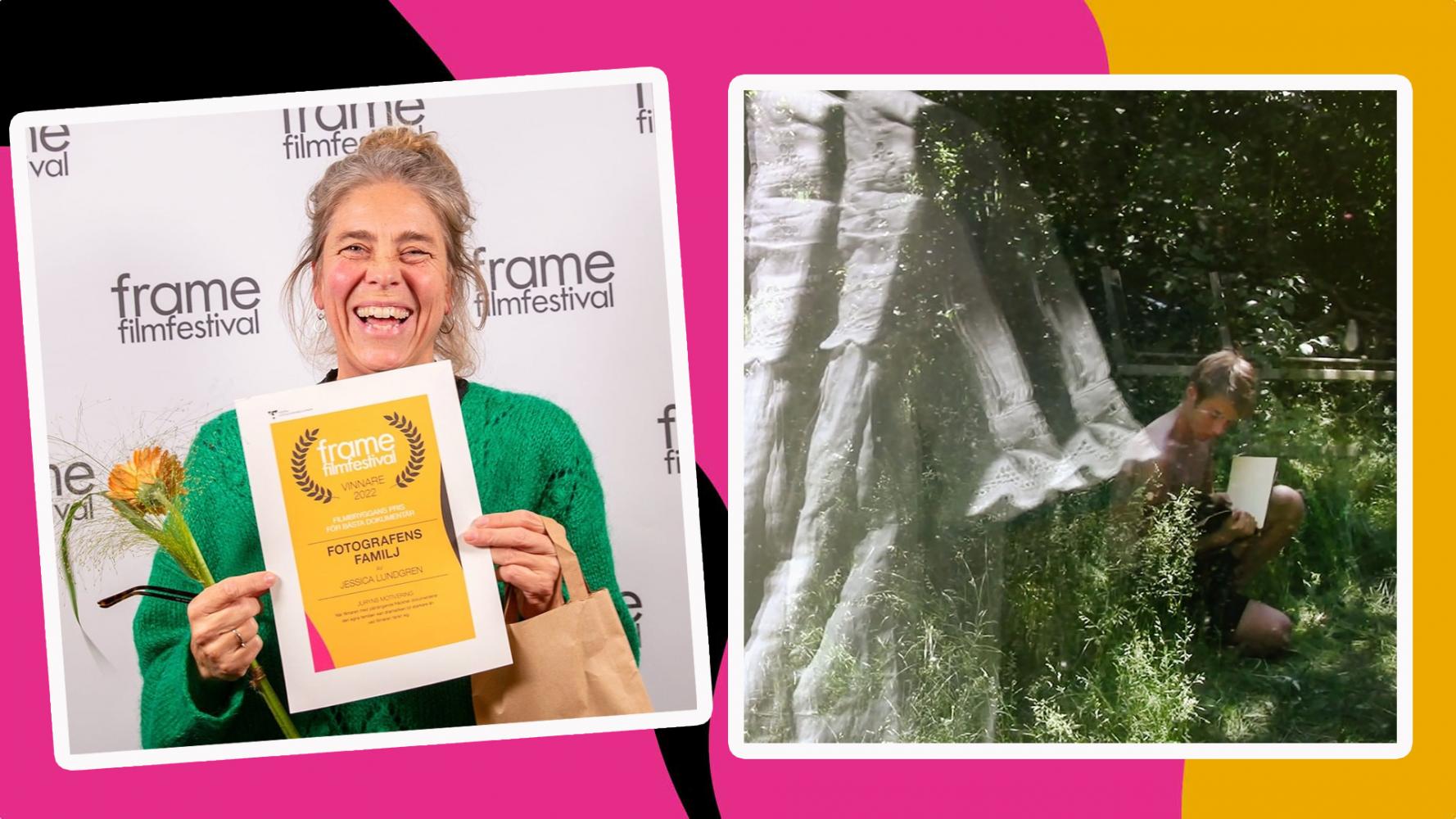 Kvinna med Diplom och pojke på gräsmatta