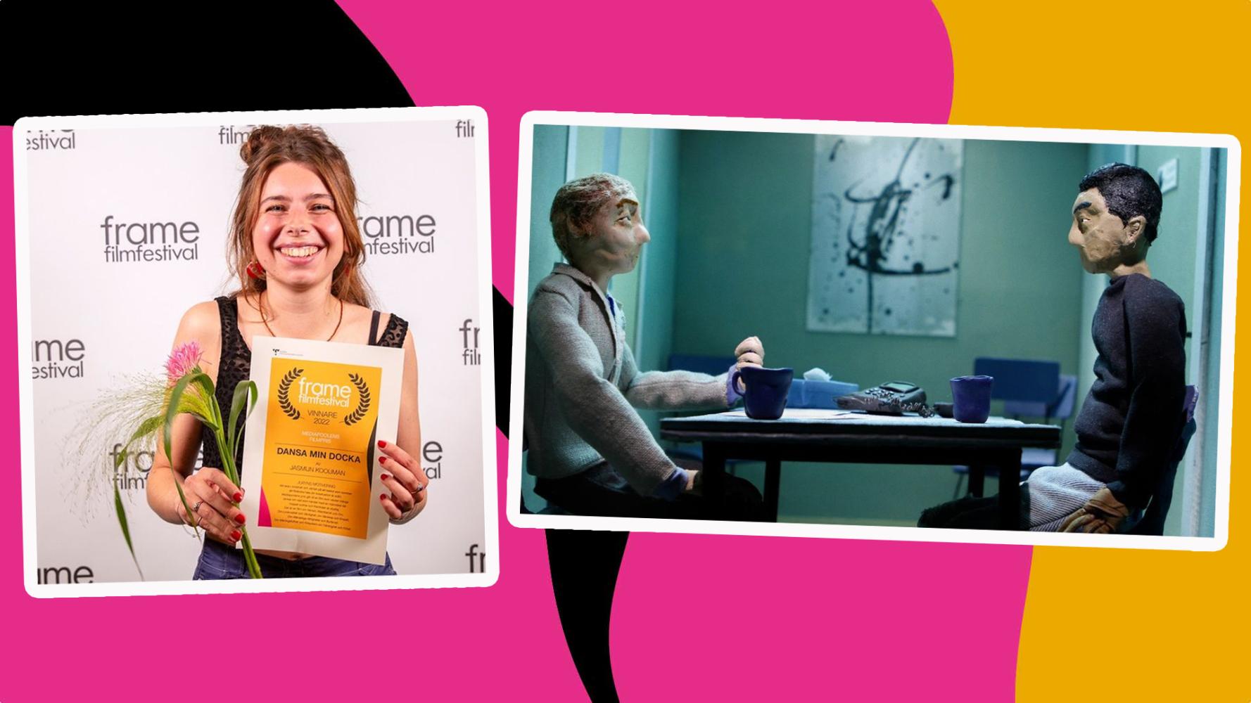 Glad kvinna med diplom och blommor. Utdrag ur animerad film