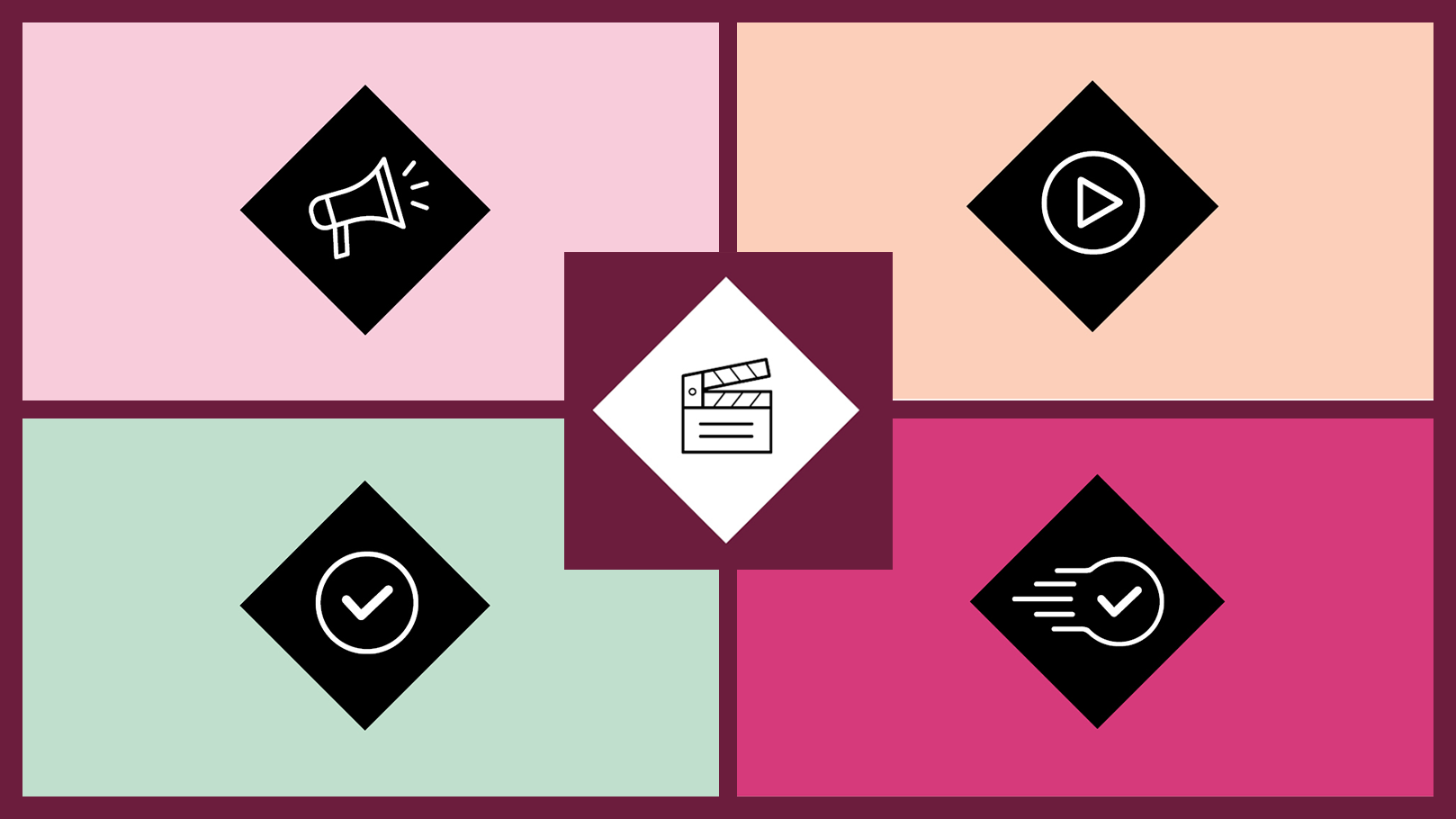 Symboler för olika stöd; högtalare, filmklappa, playsymbol, bock med fartränder, bock.