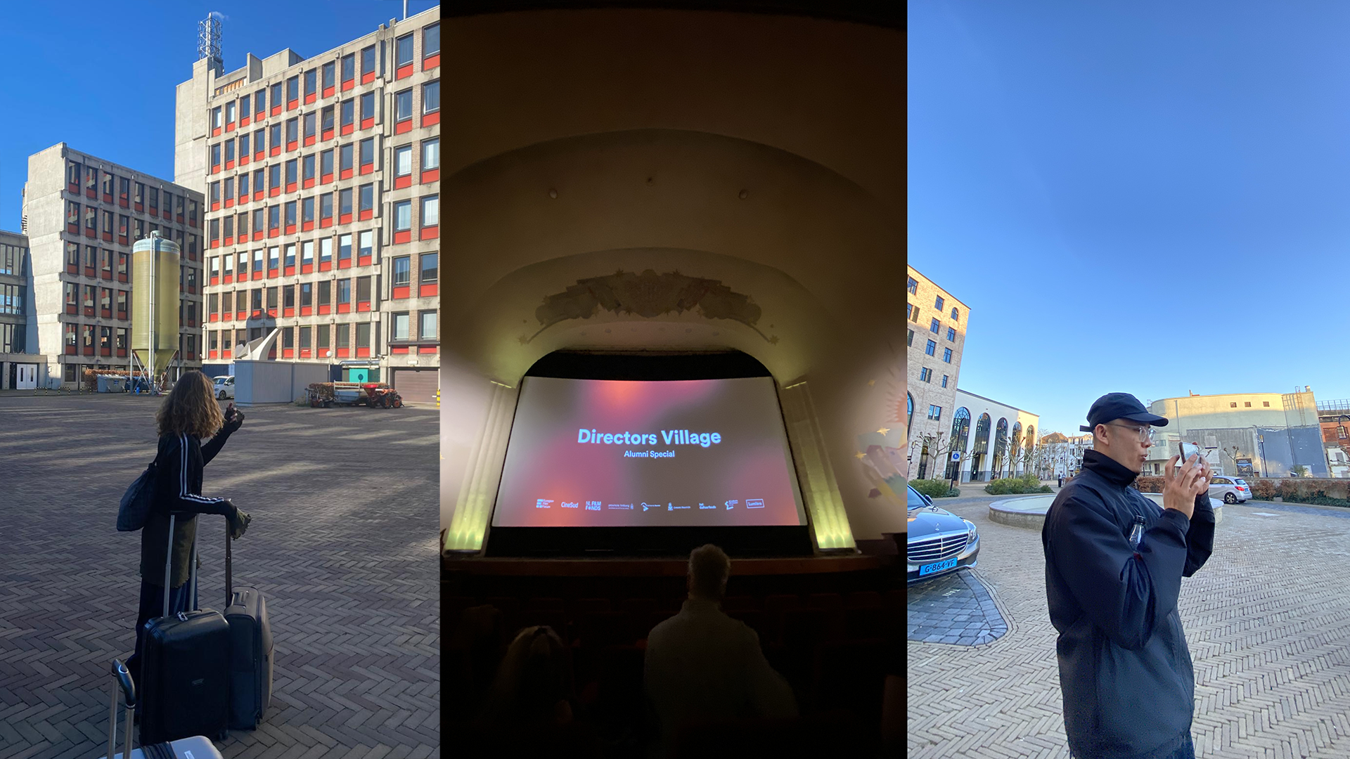 På torg med resväskor och biosalong